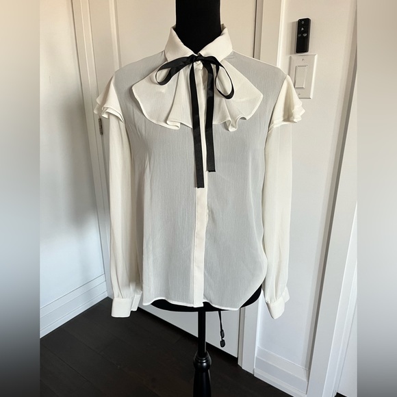 Zara button up blouse with black neck tie size medium - Picture 2 of 6
